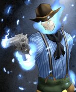 A skeletal cowboy with a chilling aura of blue hellfire.